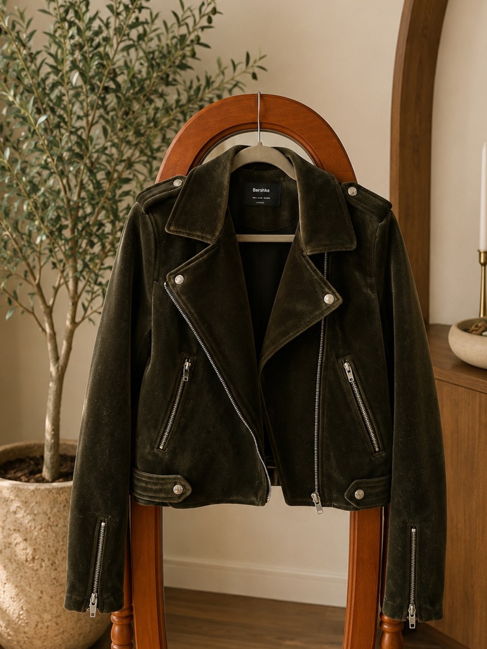 Bershka Dark Green Velvet Moto Grunge Jacket